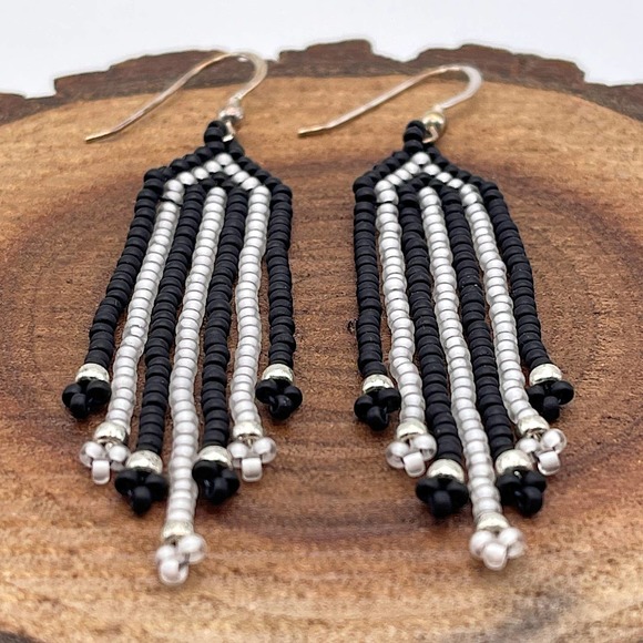 Seed Bead Fringe Dangle Earrings Black White Striped Glass Beads Sterling Silver - Picture 4 of 5